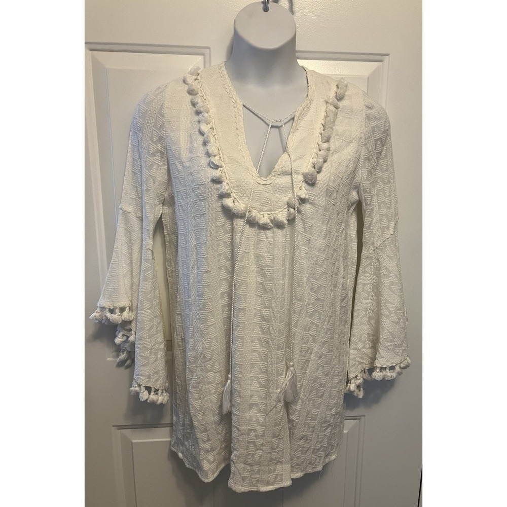 Olivaceous Ivory‎ Boho Knit Pom Pom Tunic Shirt Sweater Size Large Women’s